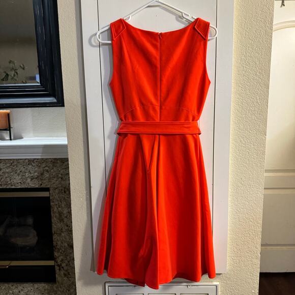 Karen Millen Pleated Belted A-line Crepe Dress Coral Red Size 6 Classic - Picture 5 of 9